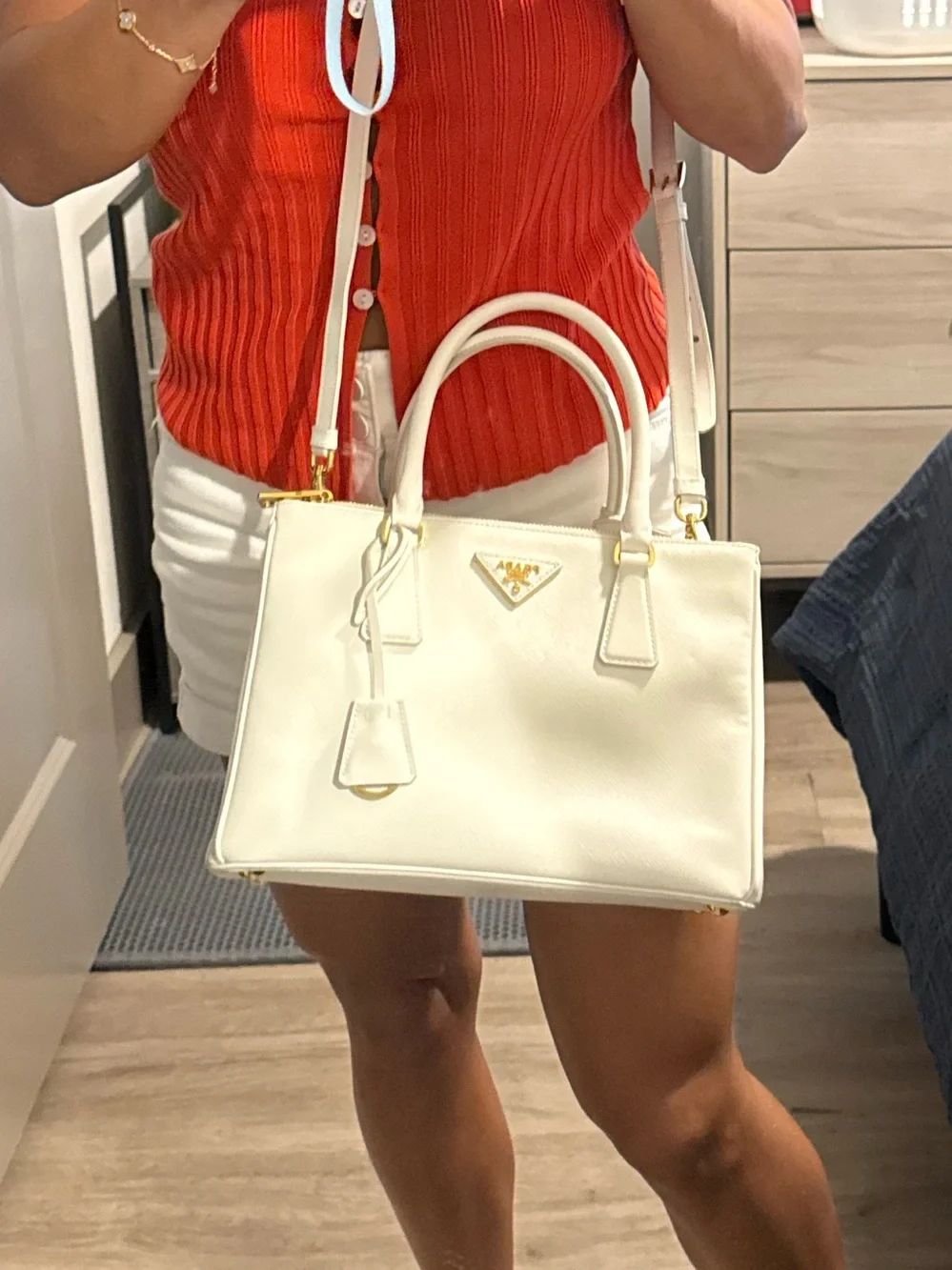 Prada White Saffiano Leather Satchel with Gold Hardware